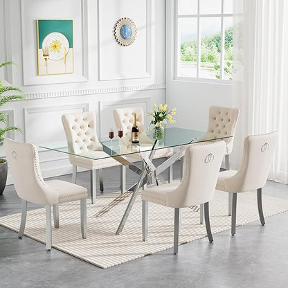 Silver Glass Dining Table for 6 Modern 60.6" Rectangular Kitchen Dining Room Table for 4-6 with X-Shape Metal Base Large Clear Glass Top Dining Tables for Home Kitchen
