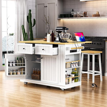Ball & Cast 48" Large Kitchen Island with Power Outlet and Adjustable Shelf,Rolling Kitchen Cart on 5 Wheels W/Drop Leaf & 5 Open Side Racks,Kitchen Storage Cart for Dining Room,White,48"