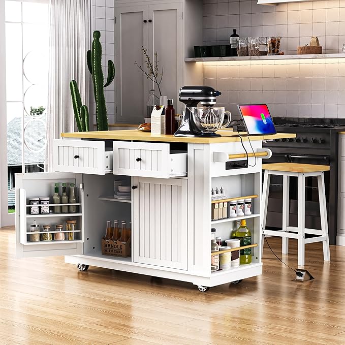 Merax Farmhouse Kitchen Island on Wheels with Drop Leaf & Power Outlet, Wood Kitchen Rolling Cart with Internal Storage Rack, 2 Drawers & 5 Side Shelves, 48" Wide White
