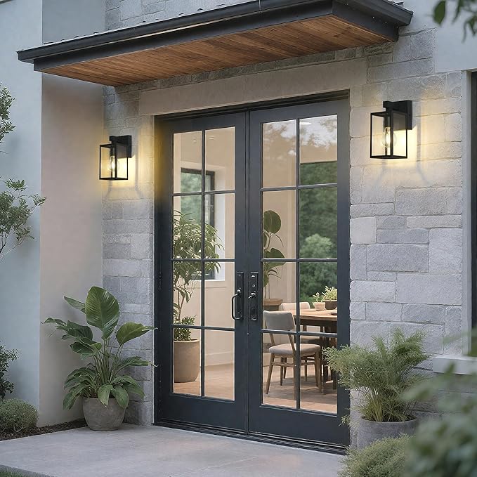 LALUZ Black Outdoor Wall Lights, Modern Farmhouse Rectangle Porch Lights Outdoor Wall with Clear Glass, Waterproof Anti-Rust Exterior Outside Sconce Lighting Light Fixtures for House Patio Garage