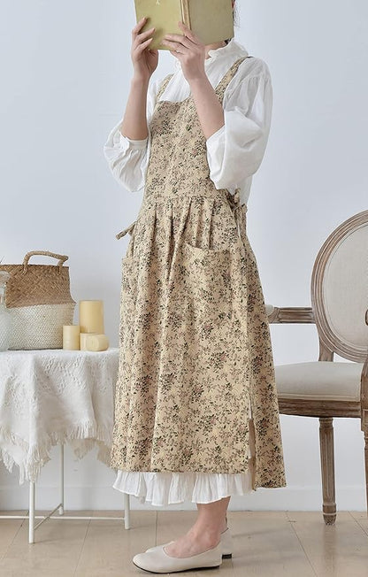 Floral Cotton Waterproof Adult Kitchen Apron Adjustable Cooking Baking Garden Chef Apron with Pocket
