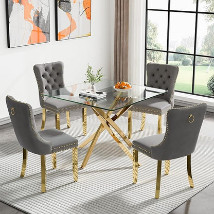 Glass Dining Table,36'' Square Dining Kitchen Table,Modern X-Design Dining Room Table with Gold Metal Base for Dining Room