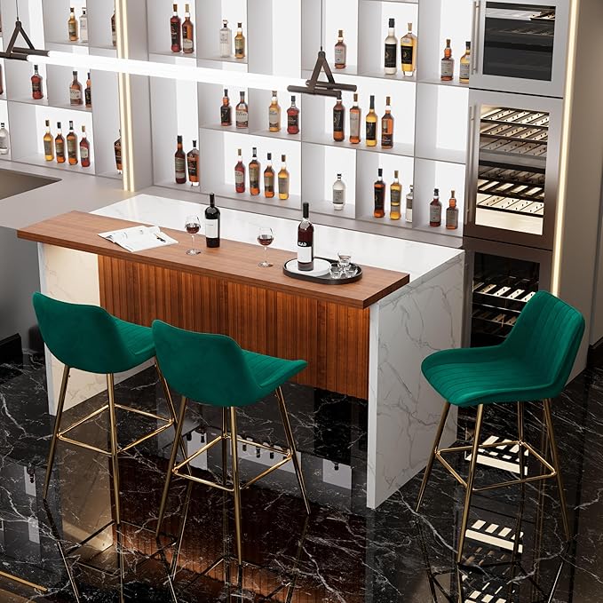 Modern Bar Table and Bar Stools Set, Marble-Look Counter Table with Wood Accent Top & Green Velvet Bar Chairs Set of 3 with Gold Legs, Kitchen Island Pub Table Set for Home Bar, Dining Room