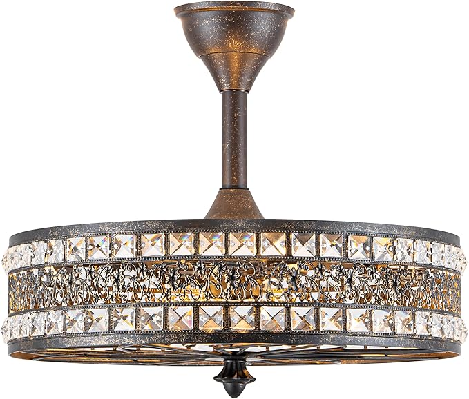 Chandelier Ceiling Fan with Light, Vintage Crystal Victorian Art Deco Elegant Fandelier, Caged Bladeless Enclosed Drum Pendant Light Fixture for Dining Room, Bedroom, Kitchen Island, Entryway