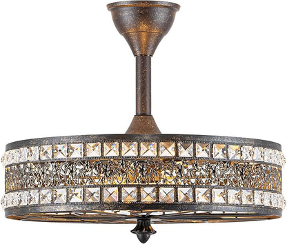 Chandelier Ceiling Fan with Light, Vintage Crystal Victorian Art Deco Elegant Fandelier, Caged Bladeless Enclosed Drum Pendant Light Fixture for Dining Room, Bedroom, Kitchen Island, Entryway