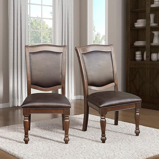 Lordsburg Dining Room Chairs Set of 2, Classic Traditional Dining Chairs For Kitchen, Solid Wood Frame, Solid Back, Armless Side, Cherry Finish, Dark Brown Faux Leather Upholstery, Easy Assembly