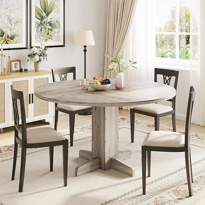 IDEALHOUSE Round Dining Table for 4-6 People, 47" Wood Kitchen Table with Sturdy Pedestal Base, Farmhouse Circle Dinner Tables for Dining Room, Living Room, Apartment, Grey