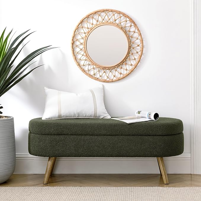 Modern Ottoman Bench with Storage - Versatile Bedside Pouf, Footstool, Toy Storage Ottoman for Bedroom, Living Room, Hallway Entryway, Multi-Use Furniture,Green-Foam