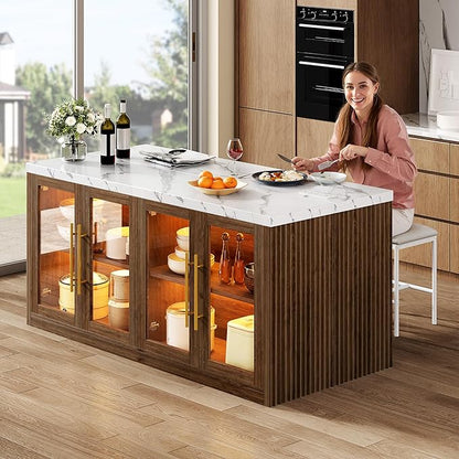 Kitchen Island with Storage, 55" W Large Island Table with LED Light for Dining Room, Kitchen Carts on Wheels Breakfast Bar Table w/Power Outlet, Walnut