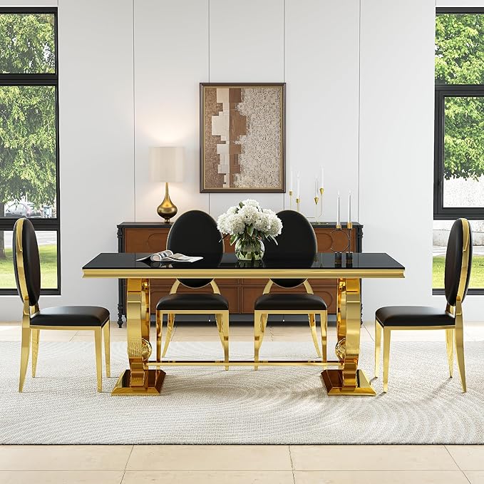 7-Piece Modern Luxury Dining Table Set, 70" Black Tempered Glass Kitchen Table with Gold Polished Stainless Steel U-Shaped Pedestal Base and 6 Black PU Leather Chairs, for Dining Room and Kitchen