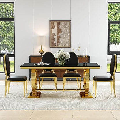 7-Piece Modern Luxury Dining Table Set, 70" Black Tempered Glass Kitchen Table with Gold Polished Stainless Steel U-Shaped Pedestal Base and 6 Black PU Leather Chairs, for Dining Room and Kitchen