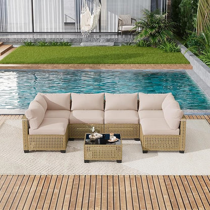LOUVIXA 7 Piece Outdoor Patio Furniture Set, Outdoor Sectional Sofa, Wicker Rattan Patio Furniture, Patio Conversation Set with Coffee Table & Cushions