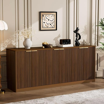 Ball & Cast 67" Modern Fluted Sideboard Buffet Cabinet with Storage,Curved Design Kitchen Coffee Bar Cabinet with 6 Doors & Shelves,Wood Credenza Cabinets Media Console for Living Room,Walnut