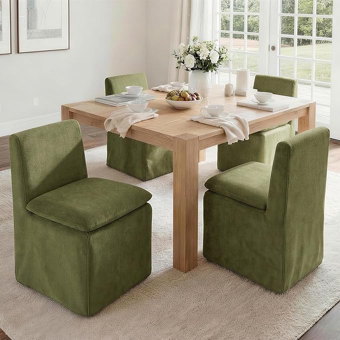 KISLOT Upholstered Dining Chairs Set of 2 with Casters, Modern Armless Kitchen Chairs with Removable Washable Cover, Chenille Velvet Fabric, Sturdy Metal & Wood Frame, 19.5" Seat Height, Green