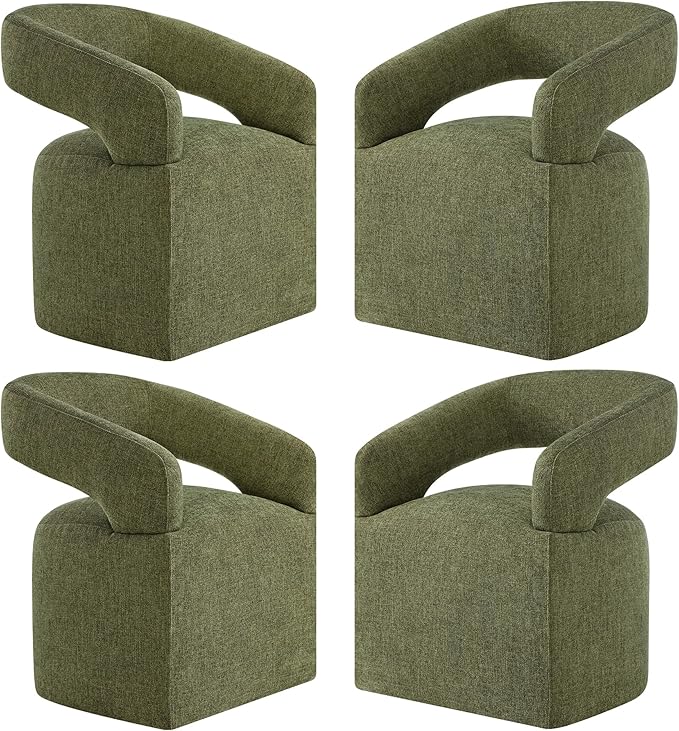KISLOT Upholstered Dining Chairs with Casters, Modern Barrel Side Armchair with Rollers for Dining Room, Bedroom, Kitchen, Reading Room, Green, Set of 4