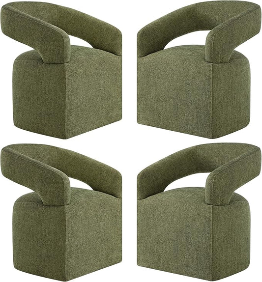 KISLOT Upholstered Dining Chairs with Casters, Modern Barrel Side Armchair with Rollers for Dining Room, Bedroom, Kitchen, Reading Room, Green, Set of 4