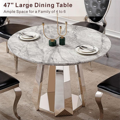 47" Round Marble Dining Table for 4-6, Luxury Modern Kitchen Table with Marble Grain MDF Tabletop & Silver Mirrored Stainless Steel Pedestal Base, Grey Stone Dinner Table for Dining Room (Table Only)
