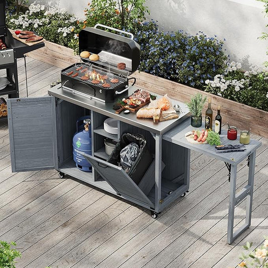 78.3" Outdoor Kitchen Island with Foldable Grill Table & Storage, Wooden Cart with Stainless Steel Top, Trash Can Holder, Bar Cart for Patio Lawn Garden (78.3"+Grey Blue)