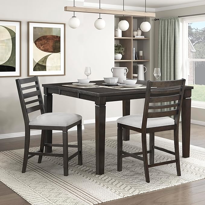 Lexicon Counter Height Chairs, Set of 2, Wood Frame, Ladder Back, Beige Textured Fabric Upholstered Dining Chairs with 25.5 Inches Seat Height, Bar Stools for Kitchen/Dining Room, Dark Espresso