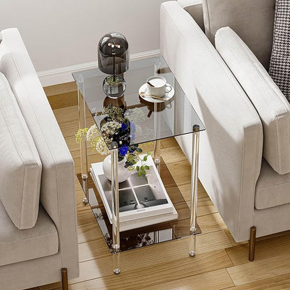 Tempered Glass Side Table, Acrylic End Table, 2-Tier Transparent Nightstand, Clear Coffee Table, for Small Spaces Living Room Bedroom Balcony Black LET518BK