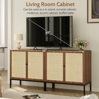 Yechen Set of 2 63" Walnut Sideboard Cabinet with Natural Rattan Doors, Buffet Console & Accent Cabinet, Rattan Credenza Storage with Metal Legs for Living Room, Kitchen, Dining Room