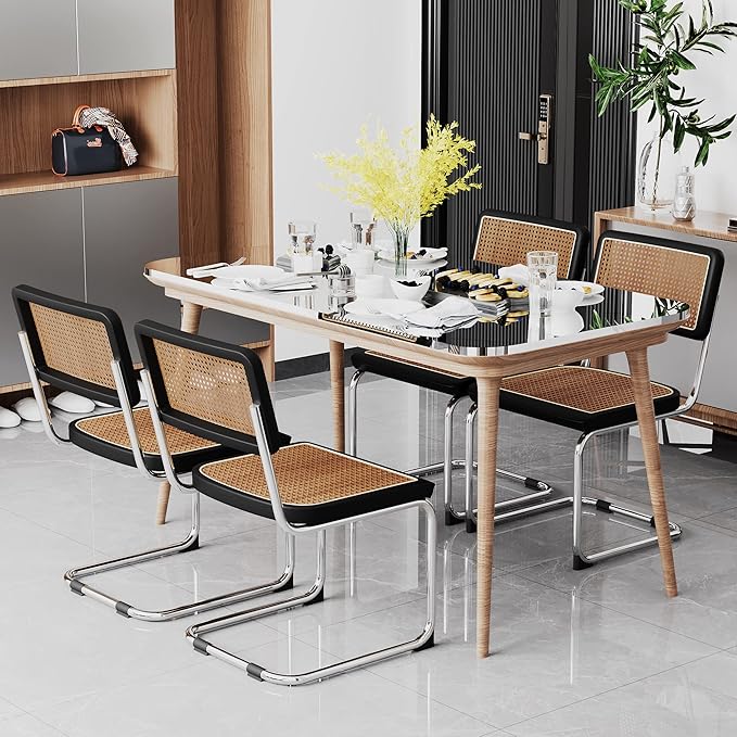 Alunaune Mid Century Modern Black Dining Chairs Set of 4, Upholstered Natural Rattan Kitchen Chairs, Armless Accent Chair Side Chairs with Metal Chrome Legs for Bedroom Living Room-Rattan Seat