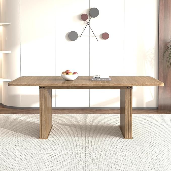 79" Extendable Island Table, Rustic Dining Table with Wooden Build & Vertical Stripes, Farmhouse Dining Table with Double Robust Pedestal for Family Gatherings, Beige Brown