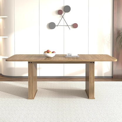 79" Extendable Island Table, Rustic Dining Table with Wooden Build & Vertical Stripes, Farmhouse Dining Table with Double Robust Pedestal for Family Gatherings, Beige Brown