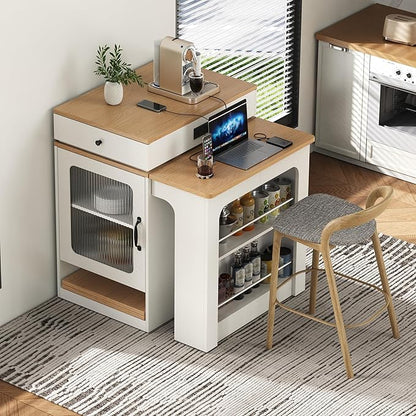 59.5" Kitchen Island with Extendable Dining Table, Double-Sided Storage, 2 Drawers, and Built-in Power Outlet, Black (White)