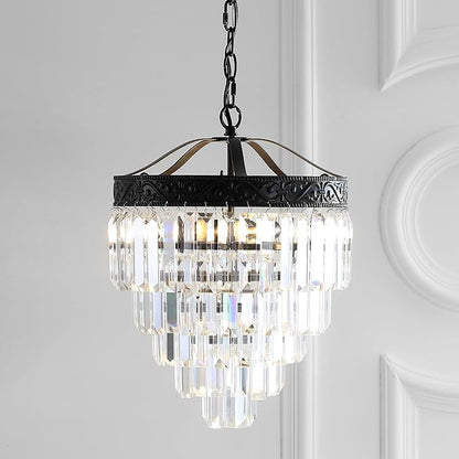 JONATHAN Y 12" Bronze/Clear 2-Light LED Chandelier, Modern Tiered Pendant Light Fixture for Dining Room, Bedroom, Entryway with Clear Faceted Crystal Shade (JYL9006B)