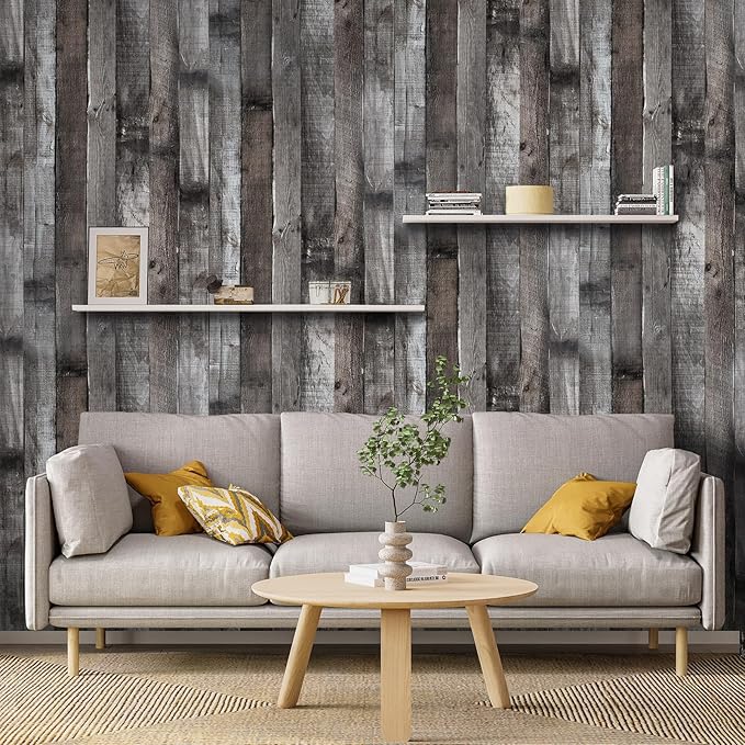 Yun-aeon Natural Wood-Dark Grey Wood Contact Paper Peel and Stick Wallpaper 17.3"x 80"Self Adhesive Removable Vintage Faux Wood Wall Paper Plank Shelf Home Decoration Kitchen Counter Cover Use