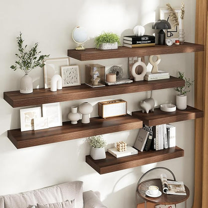 Marsmiles 12" Deep Floating Shelves for Wall with Invisible Brackets, Wall Mounted Engineered Wood Shelves with Wood Grain for Living Room, Bedroom, Kitchen Decor and Storage, 36" L Set of 1, Walnut