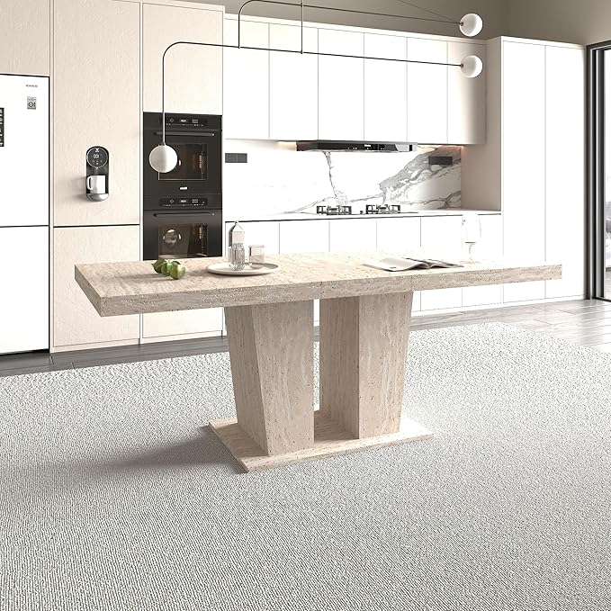 78.74" Extendable Dining Table for 6 8 10 Person, Modern Travertine Expandable Kitchen Table with Dual Column Pedestal Base, Large Rectangle Wooden Expanding Table for Kitchen Dining Conference Room