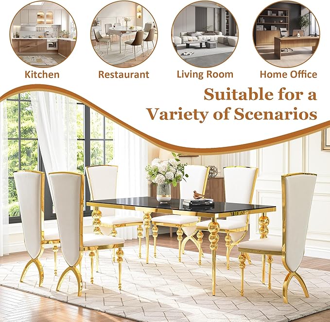 Glass Dining Table Set for 6, Luxurious 70 Inch Rectangular Glass Kitchen Table with 6 White High Back Leather Chairs, for Dining Room, Restaurant, Living Room (Black Top)