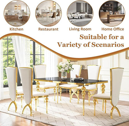 Glass Dining Table Set for 6, Luxurious 70 Inch Rectangular Glass Kitchen Table with 6 White High Back Leather Chairs, for Dining Room, Restaurant, Living Room (Black Top)