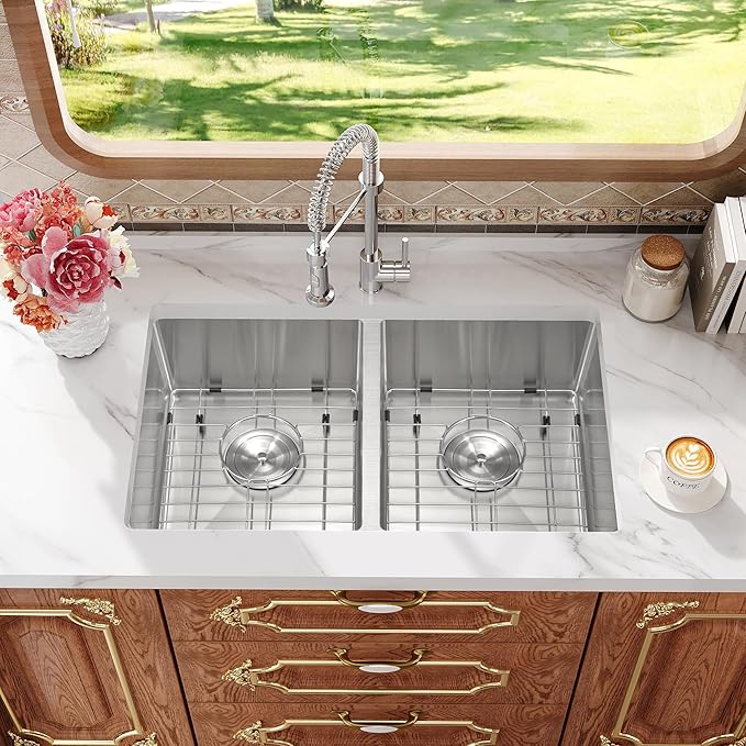 Rhbamoa 27 Inch RV Kitchen Sink,T304 Stainless Steel Kitchen Sinks for RV,50/50 Undermount Double Sink,Outdoor Sinks with Brushed Finish (27'' X 16'' X 7'')