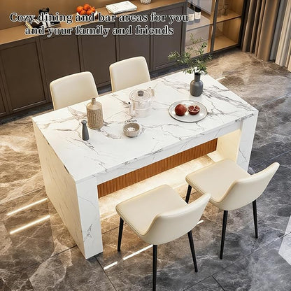 Large Faux Imitation Dining Table with Velvet Dining Chairs Set of 4, Marble Stripes Kitchen Island Table with Grille Design for 4-6, Luxury Island with LED Lights for Home Kitchen. (White)