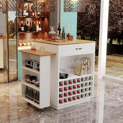 73” Kitchen Island with Extendable Dining Table, Multifunctional Wine Cabinet with 1 Door, 5 Drawers, Open Side Shelves, Wine Rack, Stemware Holder, Rolling Wheels, Chairs Not Include, White+Natural