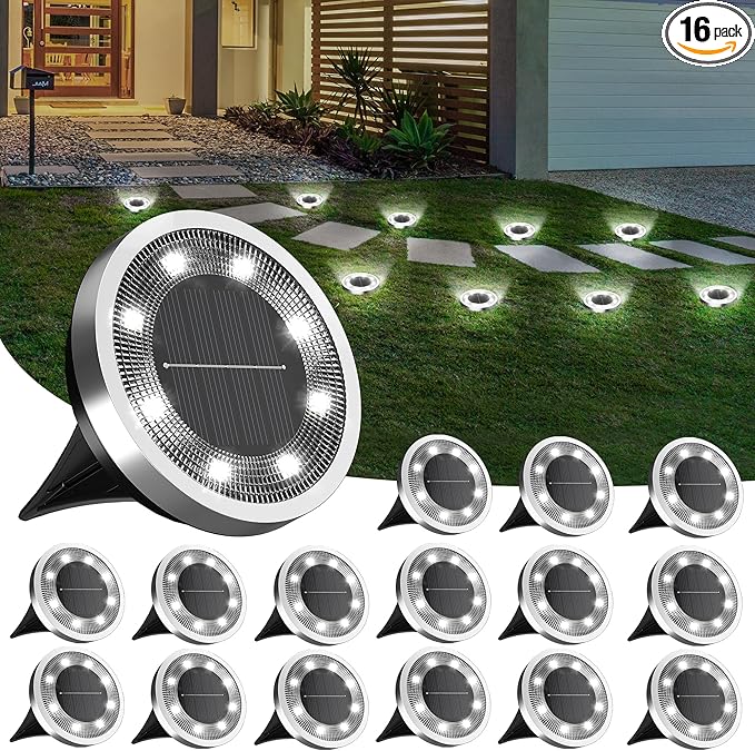 INCX Solar Ground Lights,16 Pack Solar Lights Outdoor Waterproof, Solar Garden Lights Landscape Lighting for Patio Pathway Lawn Yard Deck Driveway Walkway, Cold White
