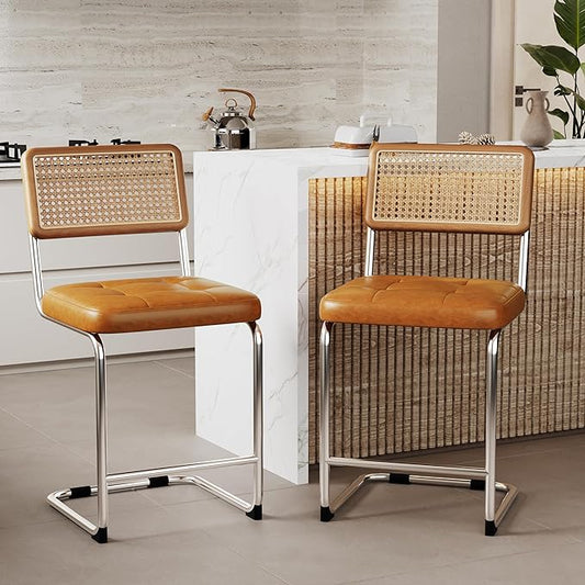 Alunaune 24inch Mid Century Brown Bar Stools Set of 2, Natural Rattan Counter Height Bar Stools Kitchen Chairs Modern Side Dining Chairs-PU Seat