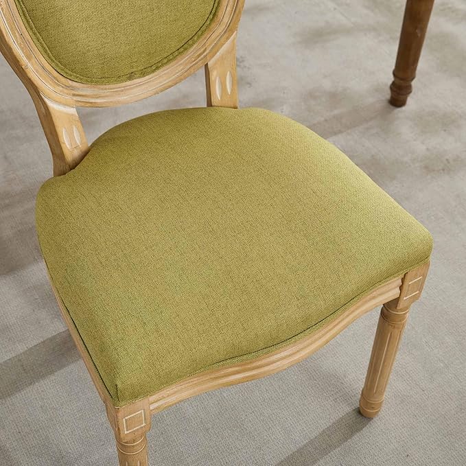 SoarFlash French Dining Chairs Set of 4, Vantage Linen Dining Chair with Round Back, Wood Leg Farmhouse Country Dining Chair for Kitchen,Bedroom,Olive Green