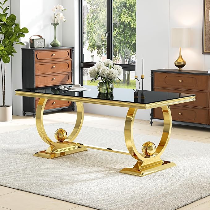 70'' Modern Black Tempered Glass Dining Table for 6, Rectangular Luxury Kitchen Table with Gold Polished Stainless Steel U-Shaped Pedestal Base, Features Bead Detailing, for Dining Room, Table Only
