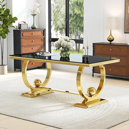70'' Modern Black Tempered Glass Dining Table for 6, Rectangular Luxury Kitchen Table with Gold Polished Stainless Steel U-Shaped Pedestal Base, Features Bead Detailing, for Dining Room, Table Only