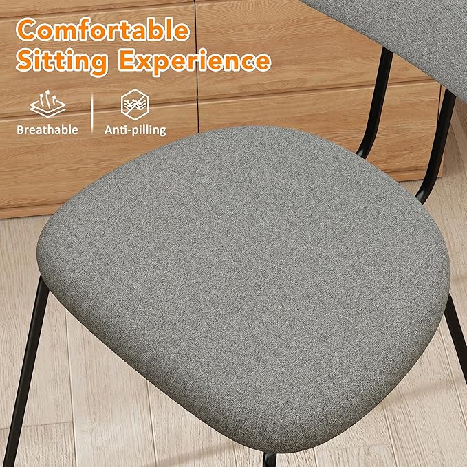 LSSPAID Dining Chairs Set of 2, Linen Fabric Upholstered Dining Room Chairs with Walnut Bentwood Back, Mid-Century Modern Kitchen Chairs with Adjustable Feet Pads, Grey