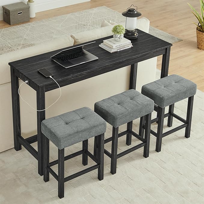 Merax 59" Bar Table Set with Power Outlet,Industrial Breakfast Table with 3 Upholstered Stools w/Footrest,4 Piece Counter Height Bar Table and Chair Set for Living Room,Dining Room,Kitchen,Black