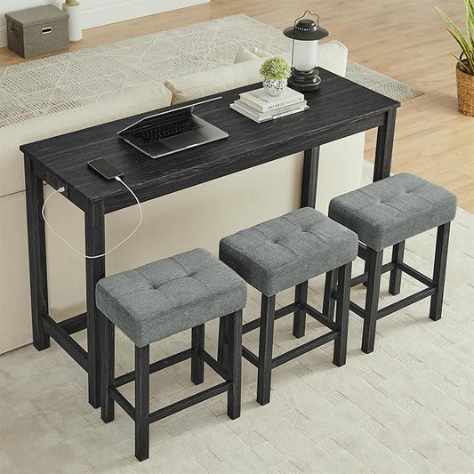 59" Bar Table Set with Power Outlet - 4 Piece Dining Table and 3 Upholstered Stools, Counter Height Pub Table with Charging Station, Fordining Room, Kitchen Island Table with Seating Pub Table Set