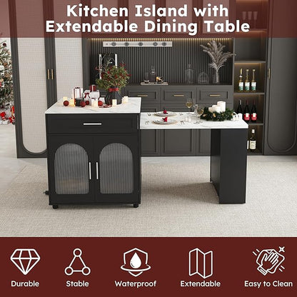 80-inch Expandable Kitchen Island with Dining Table, Marble-Grain Countertop with Power Outlet, Mobile Storage Cart with Cabinet & 2 Drawers, Kitchen Prep Table(Black, 80.7)