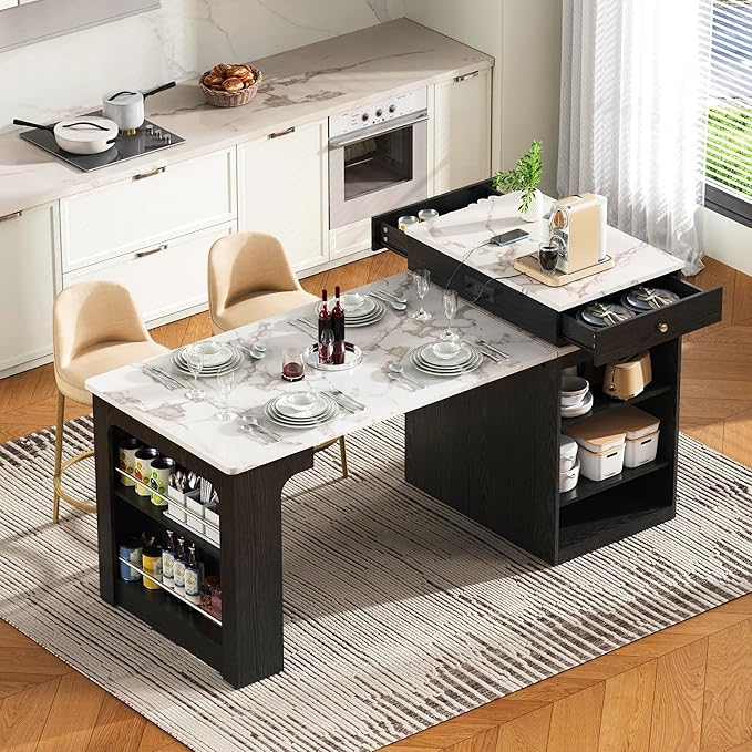 59.5" Kitchen Island with Extendable Dining Table,Double-Sized Storage,2 Drawers, Power Outlet, Side Open Shelves,for Kitchen Dining Room (Black#2)