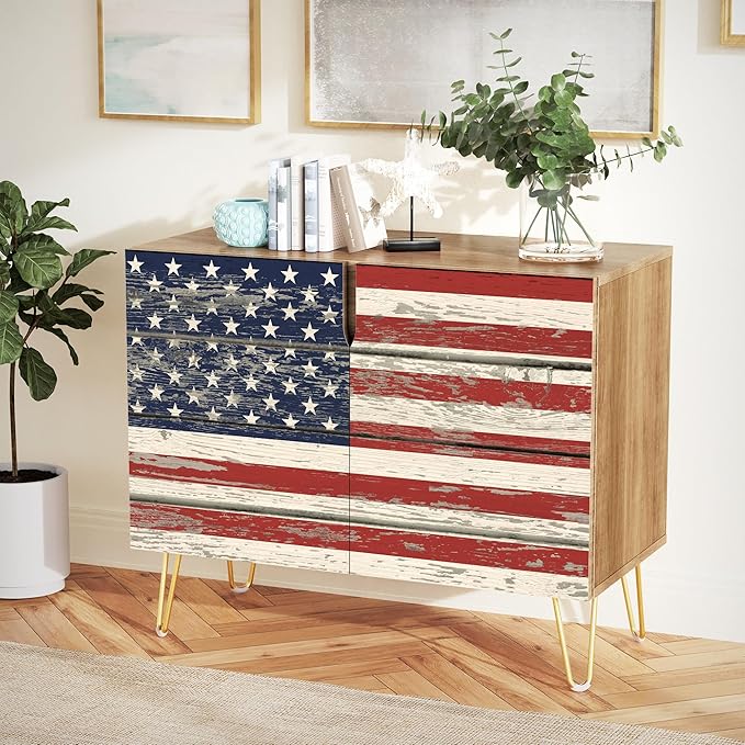 SIGNWIN Sideboard Buffet Cabinet, Kitchen Storage Cabinet with 2 Doors, Vintage Classic American Flag, Cupboard Console Table for Dining Room - 35" L x 18" W x 29" H