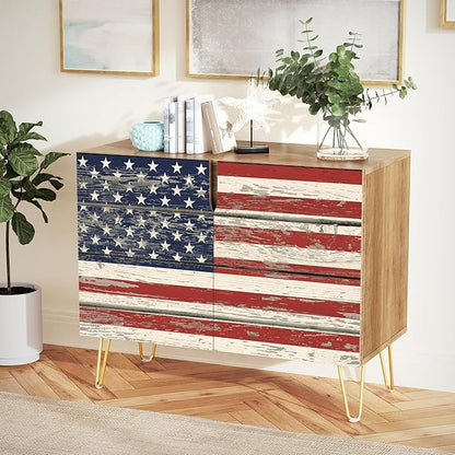 SIGNWIN Sideboard Buffet Cabinet, Kitchen Storage Cabinet with 2 Doors, Vintage Classic American Flag, Cupboard Console Table for Dining Room - 35" L x 18" W x 29" H
